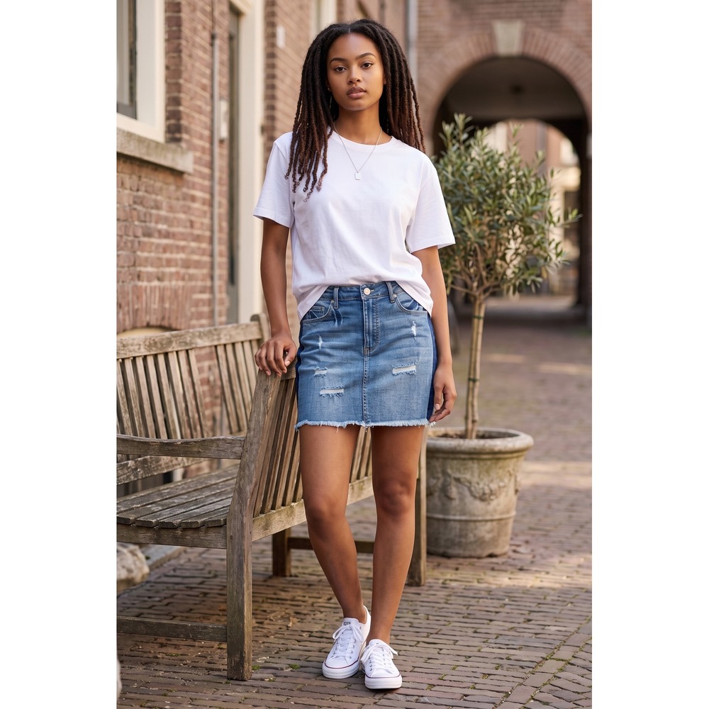 Black Label Cest Toi Distressed Denim Mini Skirt Two Tone Raw Hem Blue MS245 M - Picture 3 of 7